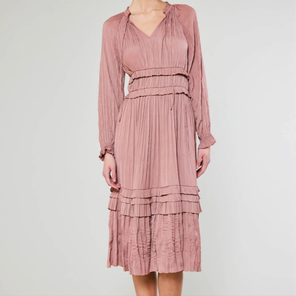 Current Air "Leia" Elegant Long Sleeve Ruffle Midi Length Dress in Dusty Rose